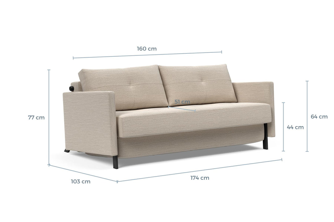Cubed Sofa Bed with Arms dimension drawing, queen size, sofa position