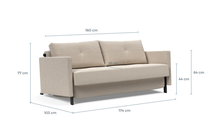 Cubed Sofa Bed with Arms dimension drawing, queen size, sofa position
