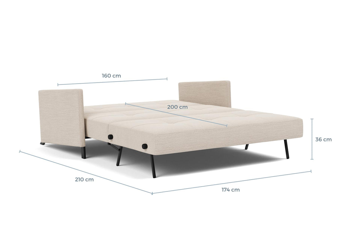 Cubed Sofa Bed with Arms dimension drawing, queen size, bed position