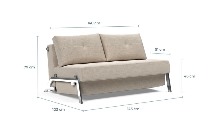 Cubed Sleeper Sofa with Chrome Legs dimension drawing, full size, sofa position