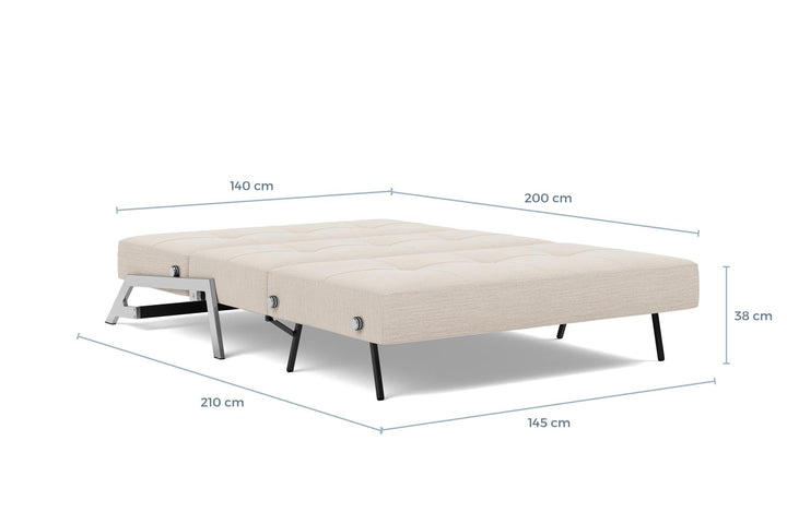 Cubed Sleeper Sofa with Chrome Legs dimension drawing, full size, bed position