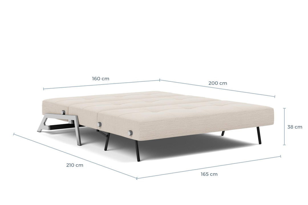 Cubed Sleeper Sofa with Chrome Legs dimension drawing, queen size, bed position