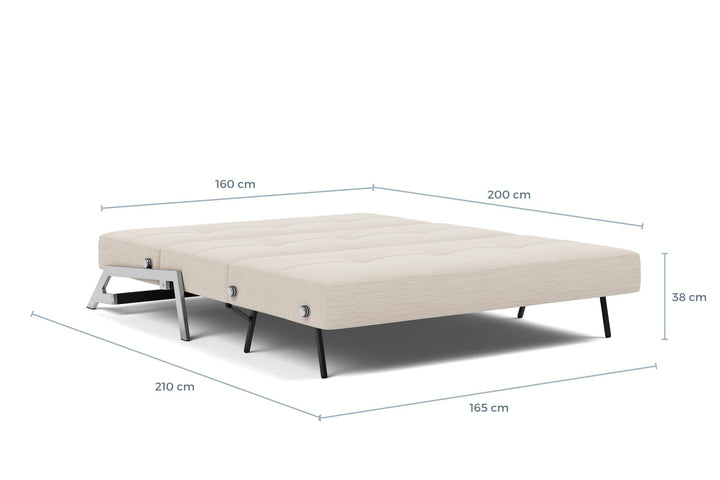 Cubed Sleeper Sofa with Chrome Legs dimension drawing, queen size, bed position