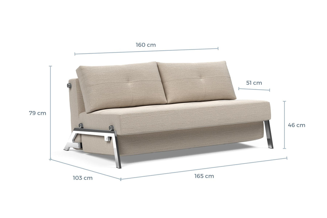 Cubed Sleeper Sofa with Chrome Legs dimension drawing, queen size, sofa position