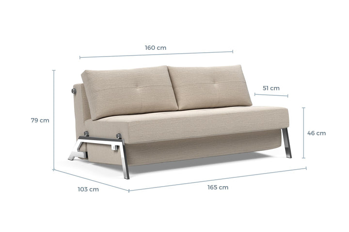 Cubed Sleeper Sofa with Chrome Legs dimension drawing, queen size, sofa position