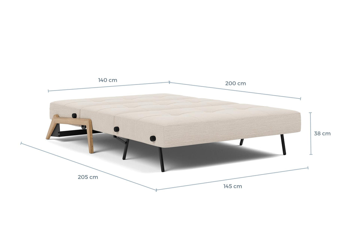 Cubed Sleeper Sofa with Wood Legs dimension drawing, full size, bed position