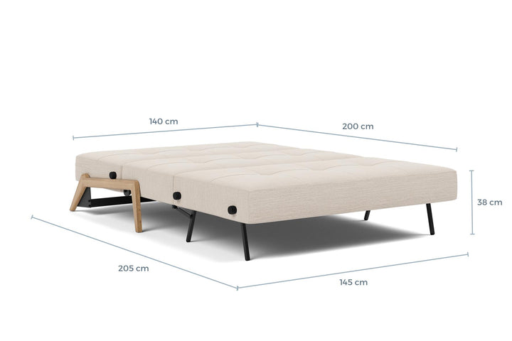 Cubed Sleeper Sofa with Wood Legs dimension drawing, full size, bed position