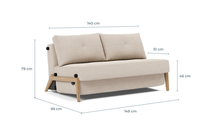 Cubed Sleeper Sofa with Wood Legs dimension drawing, full size, sofa position
