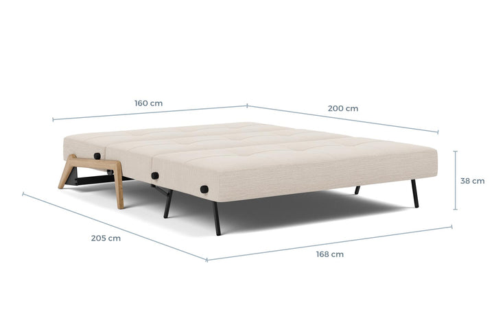 Cubed Sleeper Sofa with Wood Legs dimension drawing, queen size, bed position