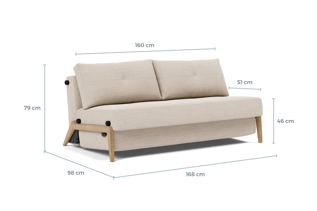 Cubed Sleeper Sofa with Wood Legs dimension drawing, queen size, sofa position