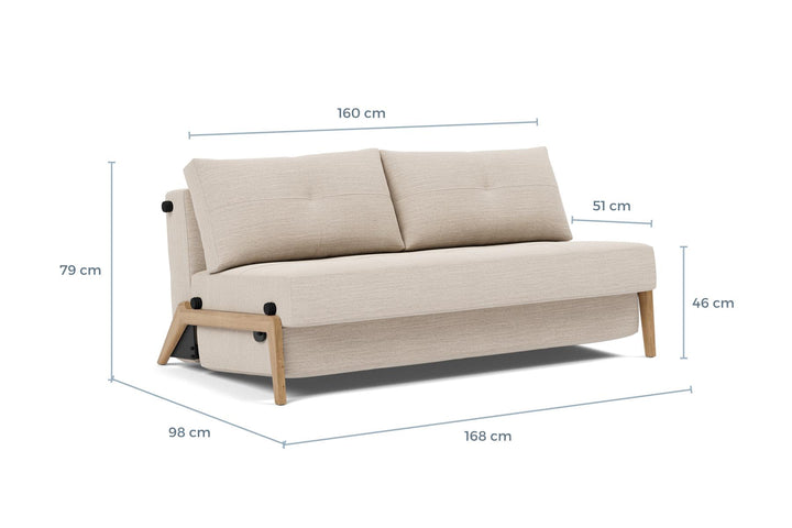 Cubed Sleeper Sofa with Wood Legs dimension drawing, queen size, sofa position