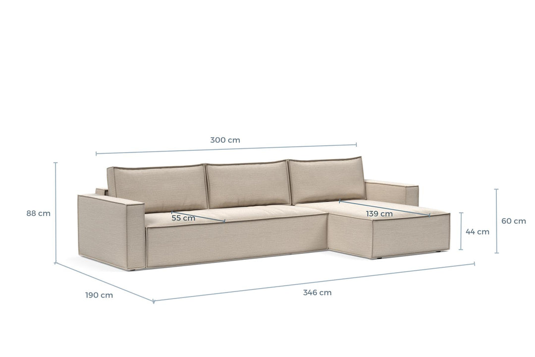 Newilla Sleeper Chaise Sectional dimension drawing, sofa position
