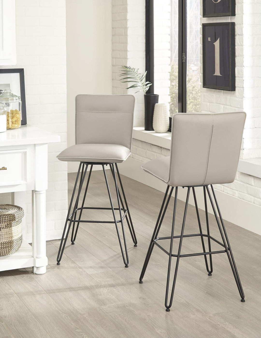 Demi Hairpin Leg Swivel Bar Stool in Taupe — lifestyle photo