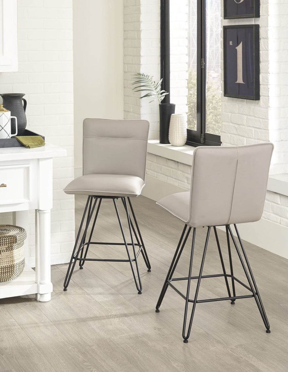 Demi Hairpin Leg Swivel Counter Stool in Taupe — lifestyle photo