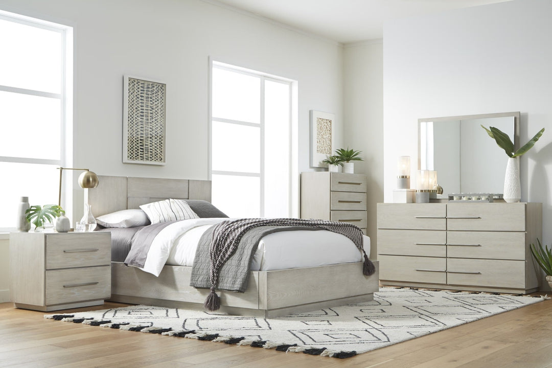 Destination Five Drawer Chest in Cotton Grey — in a bedroom setting