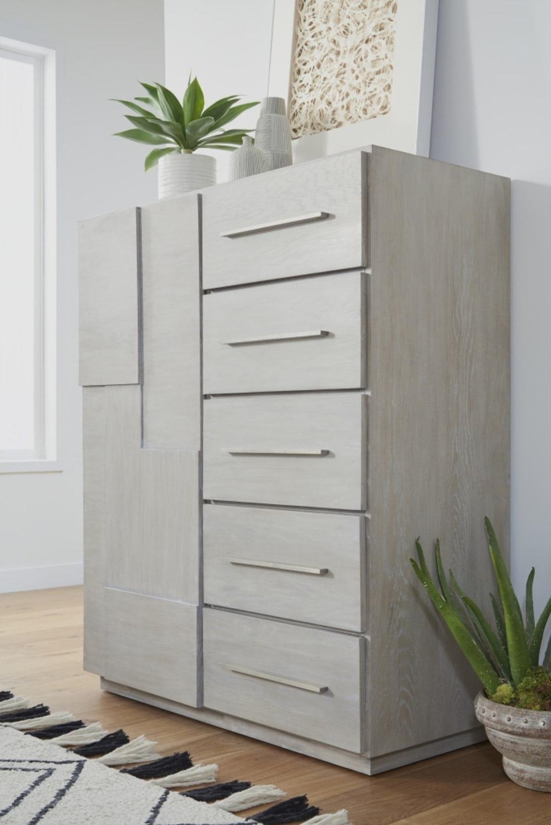 Destination Five Drawer One Door Sweater Chest in Cotton Grey — styled in a room
