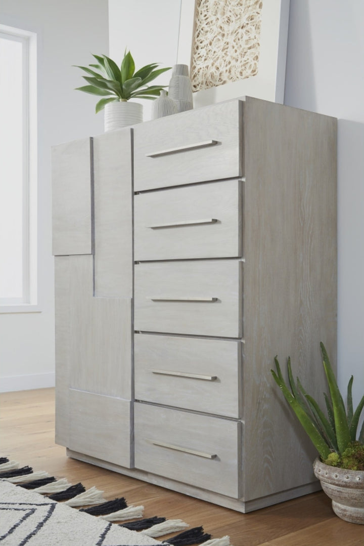 Destination Five Drawer One Door Sweater Chest in Cotton Grey — styled in a room