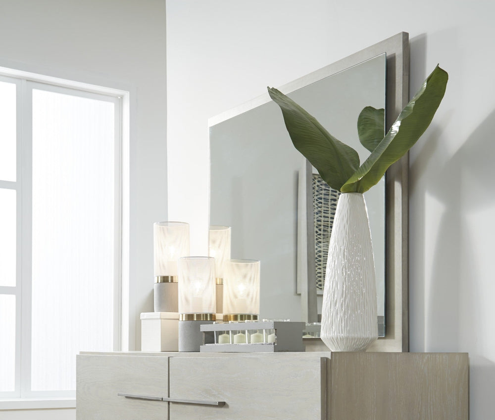 Destination Floating Glass Mirror in Cotton Grey — styled on the matching dresser (sold separately)