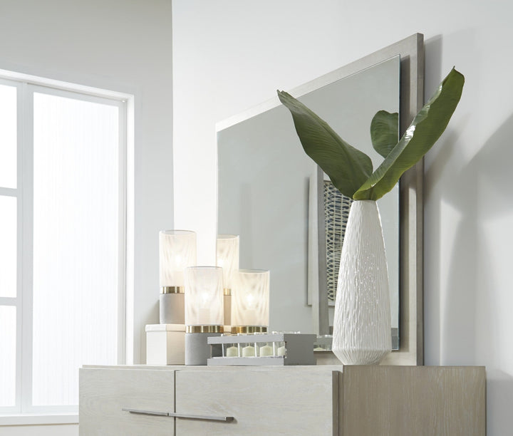 Destination Floating Glass Mirror in Cotton Grey — styled on the matching dresser (sold separately)