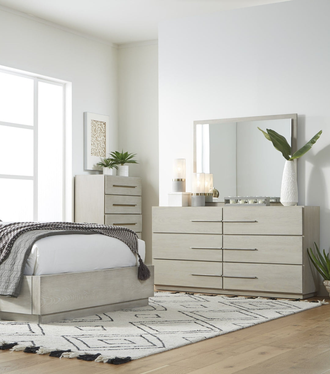 Destination Floating Glass Mirror in Cotton Grey — styled on the matching dresser (sold separately)