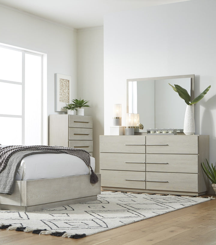 Destination Floating Glass Mirror in Cotton Grey — styled on the matching dresser (sold separately)