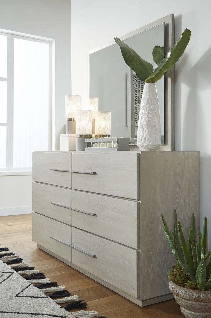 Destination Six Drawer Dresser in Cotton Grey — styled in a room