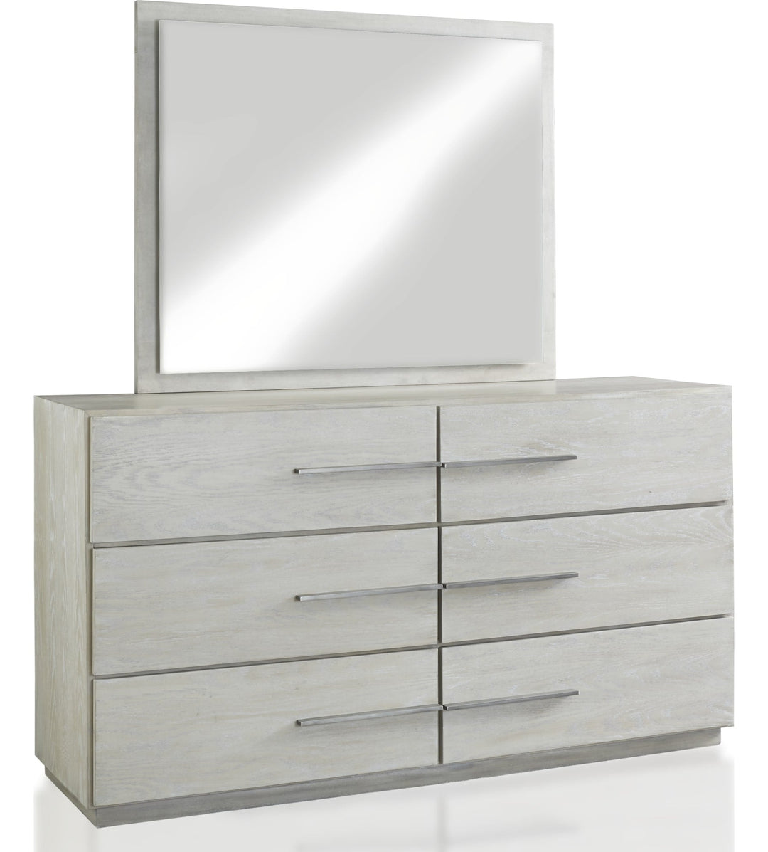 Destination Six Drawer Dresser in Cotton Grey — on a white background with the matching mirror (sold separately)
