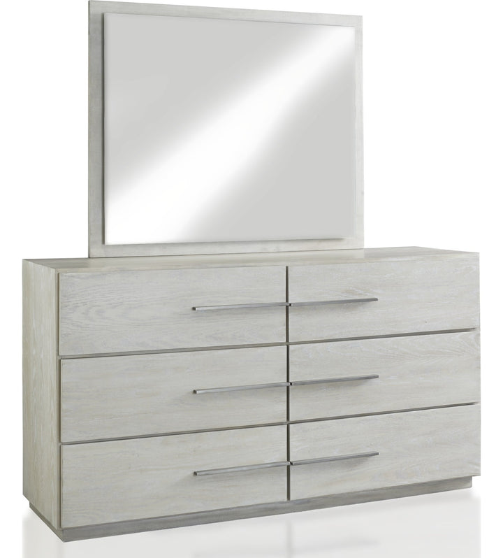 Destination Six Drawer Dresser in Cotton Grey — on a white background with the matching mirror (sold separately)