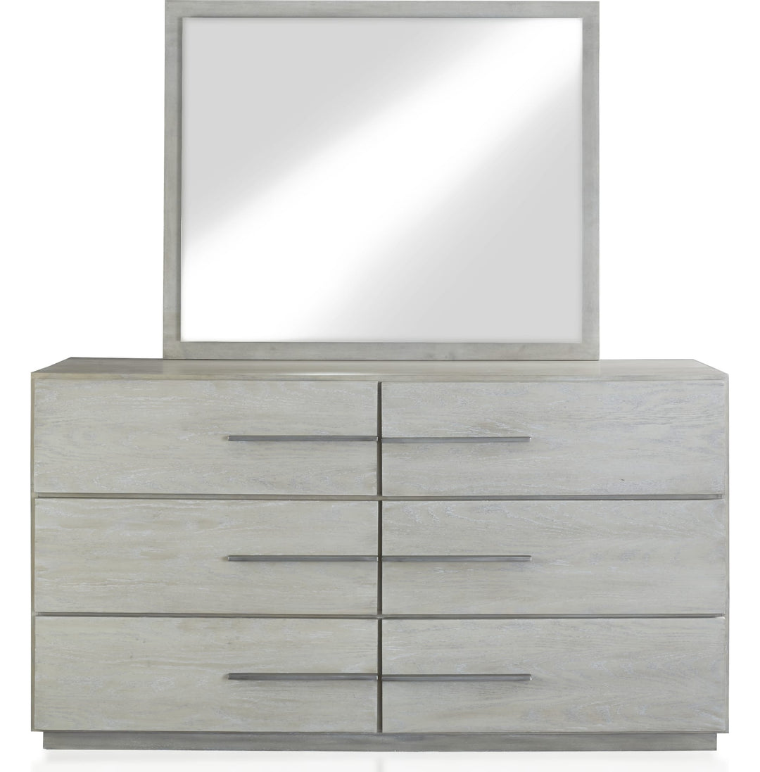 Destination Six Drawer Dresser in Cotton Grey — on a white background with the matching mirror (sold separately)