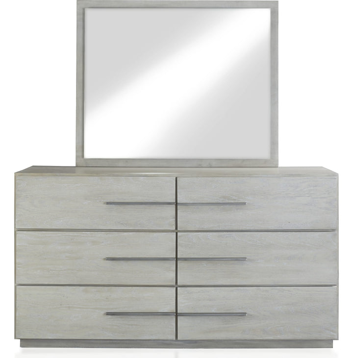 Destination Six Drawer Dresser in Cotton Grey — on a white background with the matching mirror (sold separately)