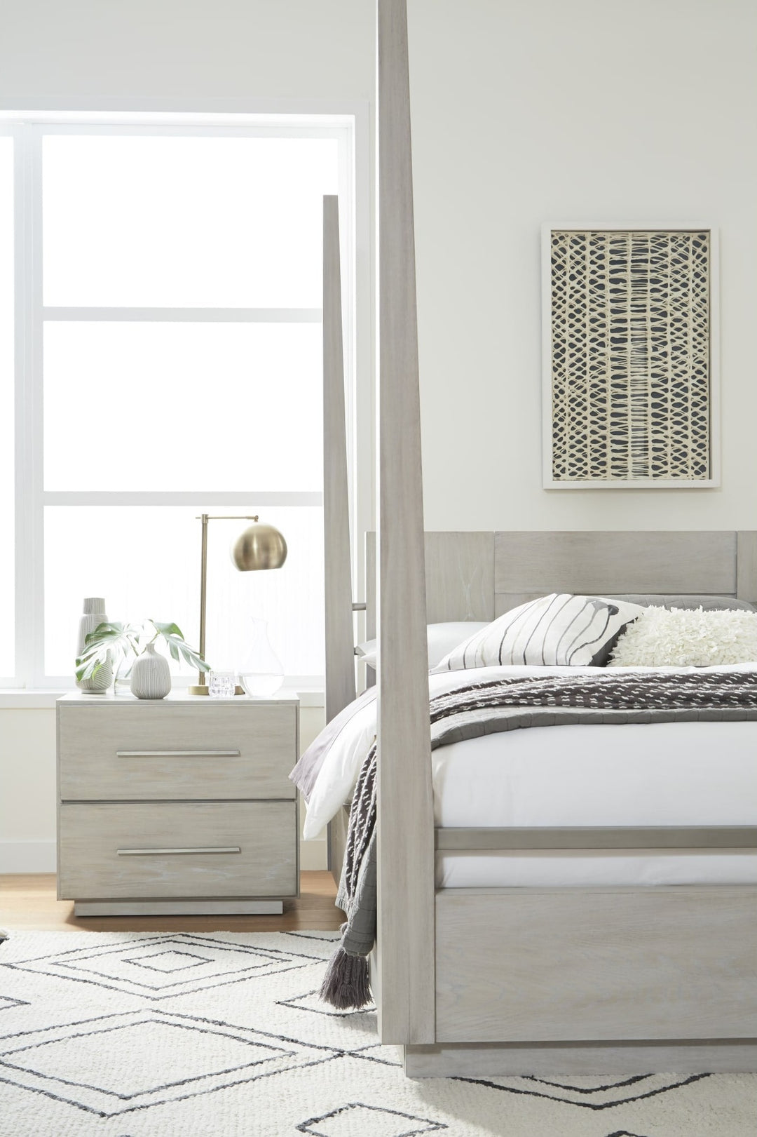 Destination Two Drawer Nightstand in Cotton Grey — in a bedroom setting