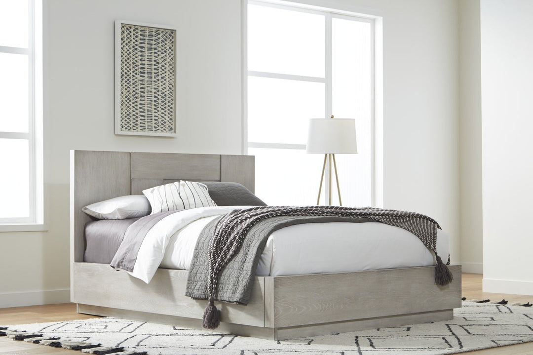 Destination Wood Panel Bed in Cotton Grey styled in a bedroom