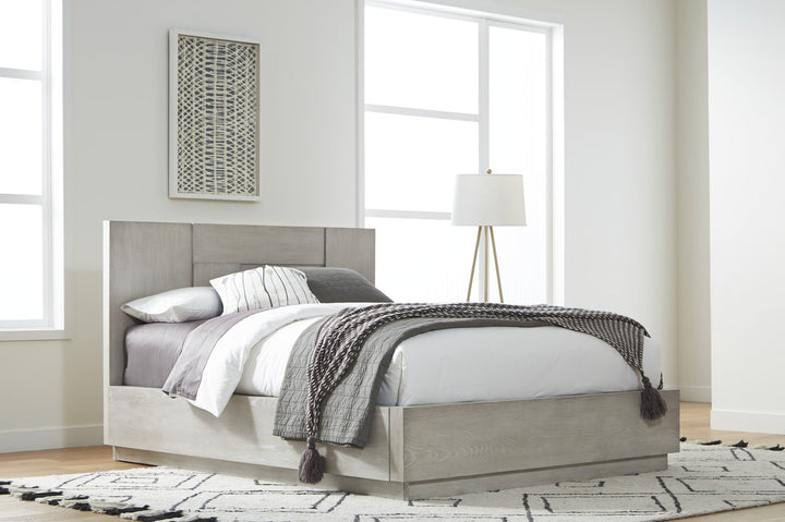 Destination Wood Panel Bed in Cotton Grey styled in a bedroom