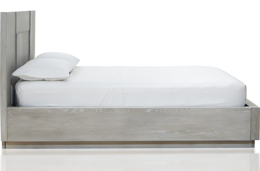 Destination Wood Panel Bed in Cotton Grey — white background, side profile