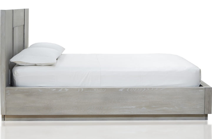 Destination Wood Panel Bed in Cotton Grey — white background, side profile