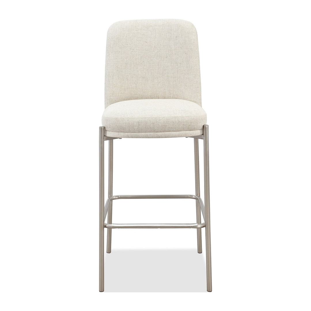Dion Upholstered Bar Stool by Modus in Natural Light Linen and Brushed Nickel Metal — product view on a white background