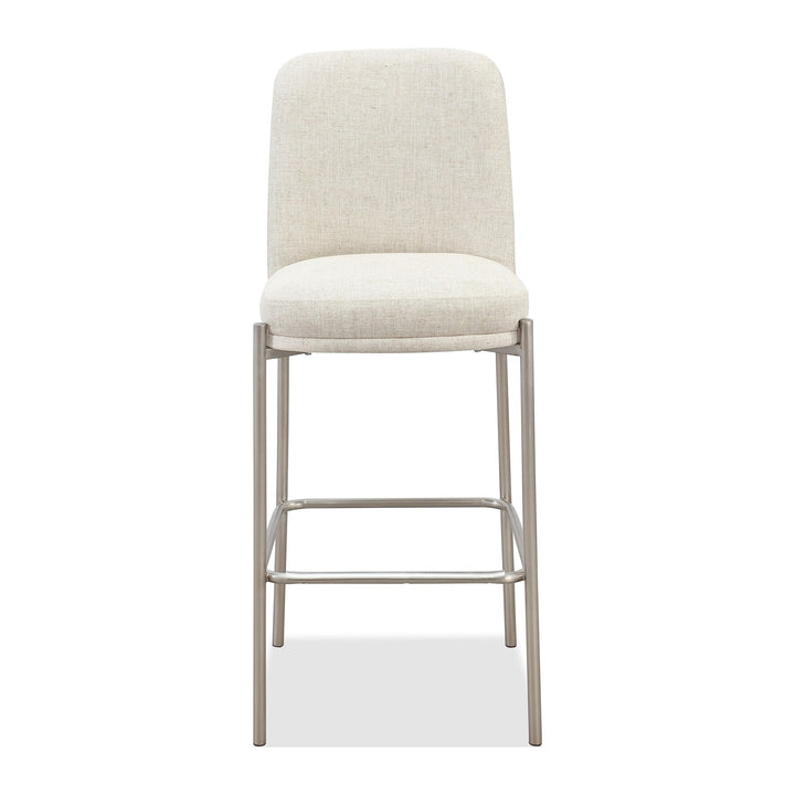 Dion Upholstered Bar Stool by Modus in Natural Light Linen and Brushed Nickel Metal — product view on a white background