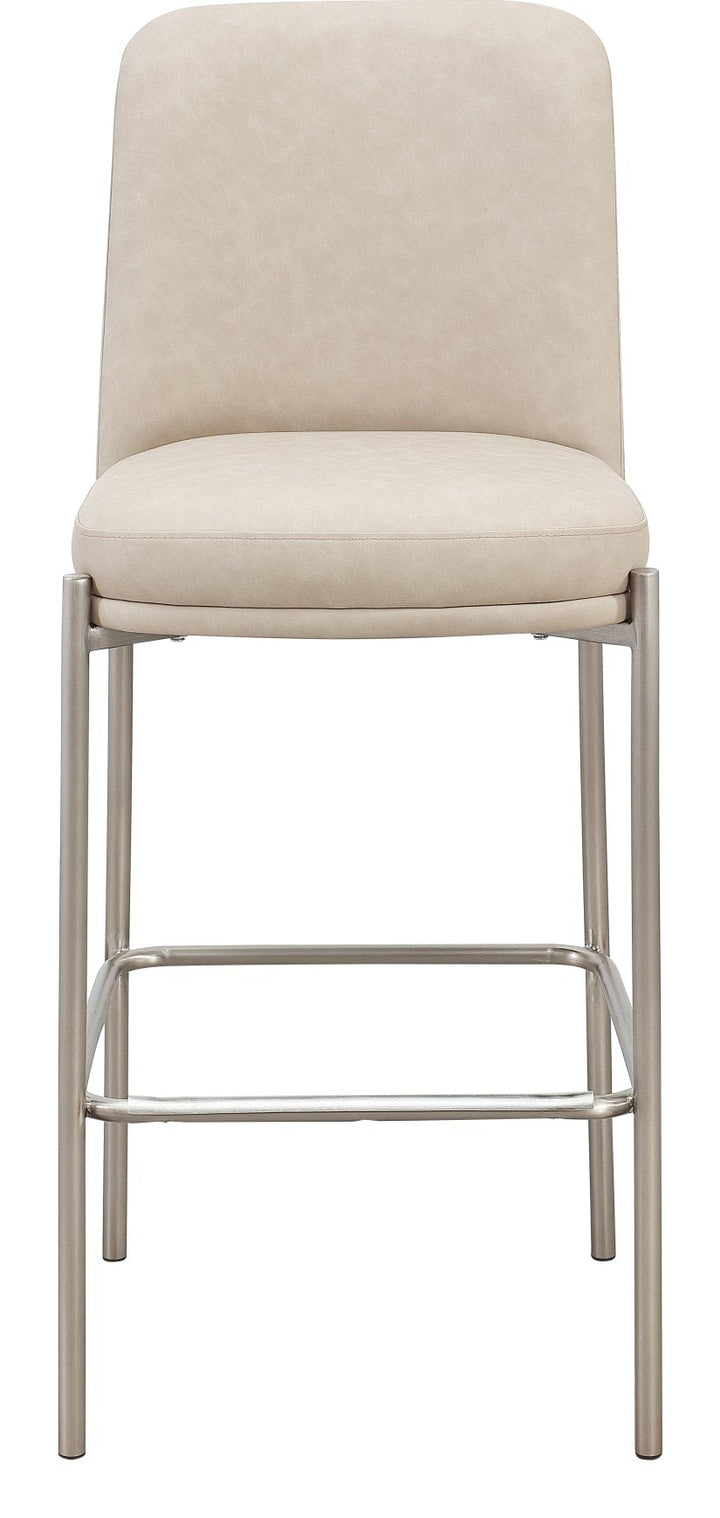 Dion Upholstered Bar Stool in Camel Synthetic Leather and Brushed Nickel Metal — product view on a white background