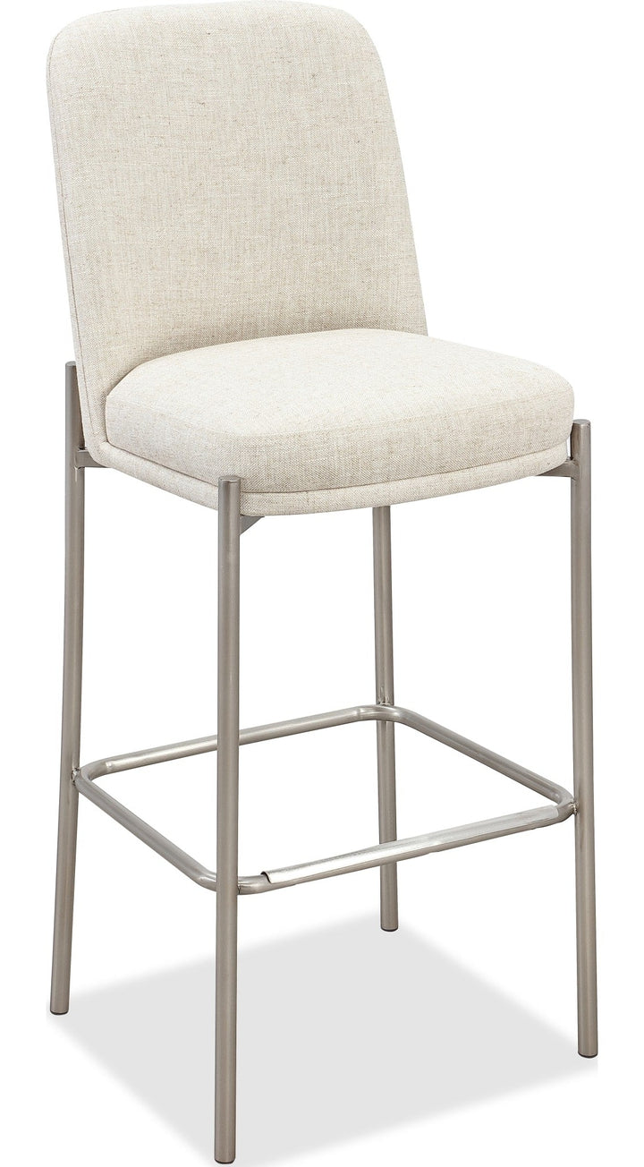 Dion Upholstered Bar Stool in Natural Light Linen and Brushed Nickel Metal — product view on a white background