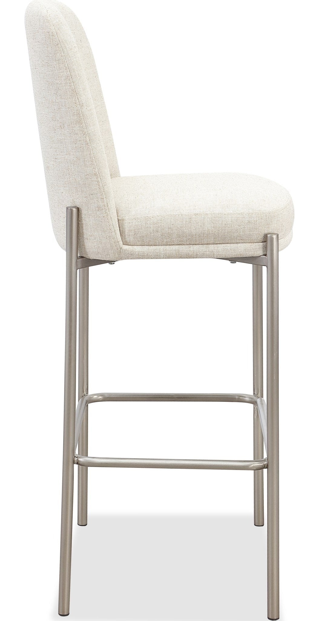 Dion Upholstered Bar Stool in Natural Light Linen and Brushed Nickel Metal — product view on a white background