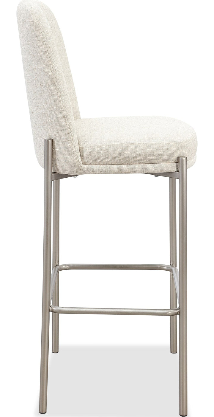 Dion Upholstered Bar Stool in Natural Light Linen and Brushed Nickel Metal — product view on a white background