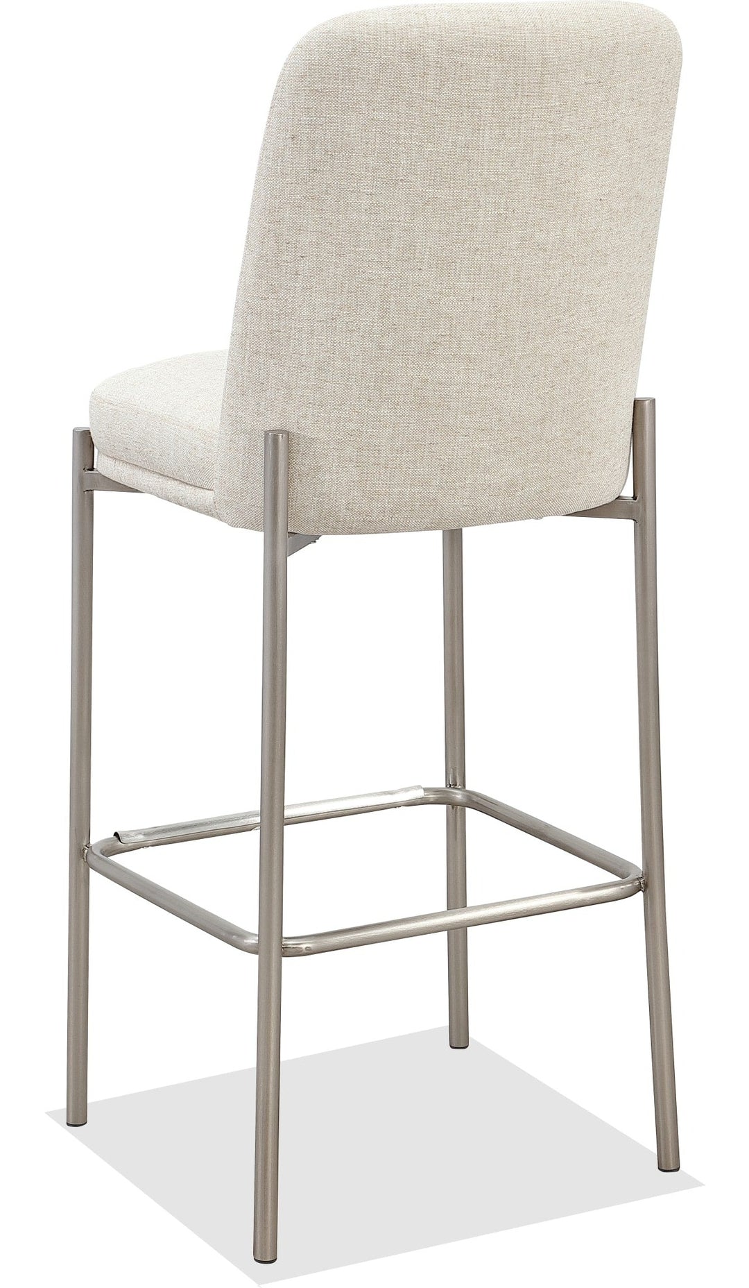 Dion Upholstered Bar Stool in Natural Light Linen and Brushed Nickel Metal — product view on a white background