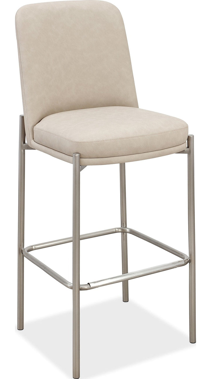 Dion Upholstered Bar Stool in Camel Synthetic Leather and Brushed Nickel Metal — product view on a white background