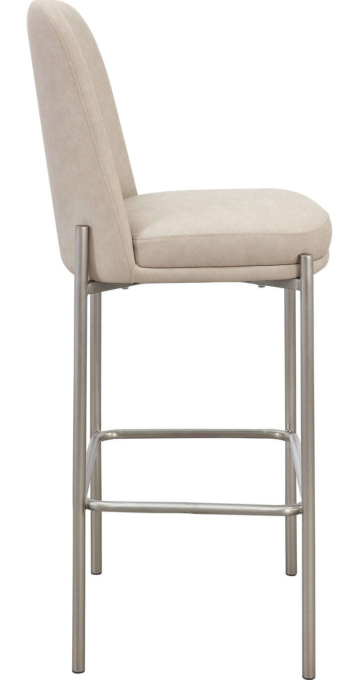 Dion Upholstered Bar Stool in Camel Synthetic Leather and Brushed Nickel Metal — product view on a white background
