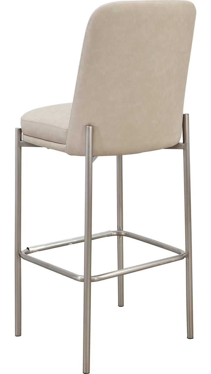 Dion Upholstered Bar Stool in Camel Synthetic Leather and Brushed Nickel Metal — product view on a white background