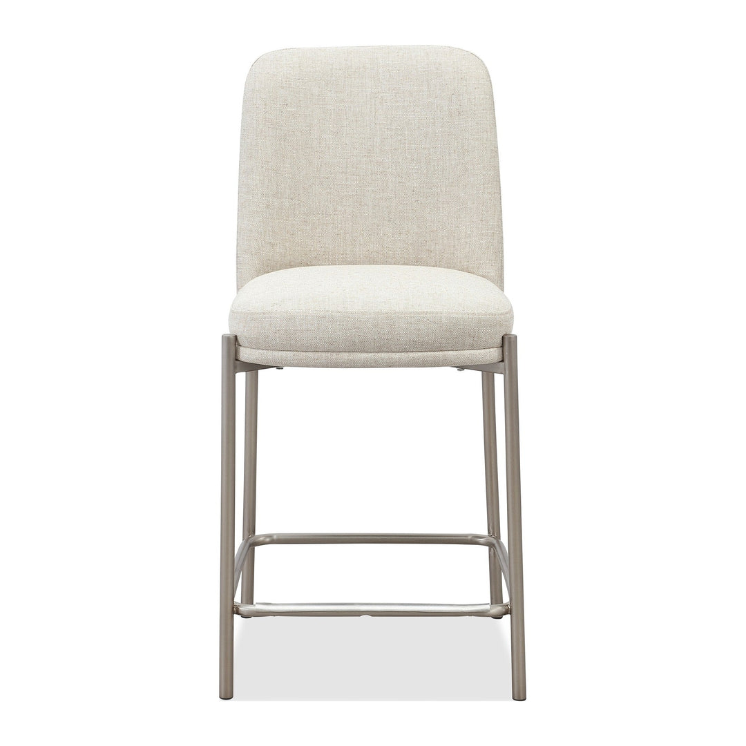 Dion Upholstered Counter Stool by Modus in Natural Light Linen and Brushed Nickel Metal — product view on a white background