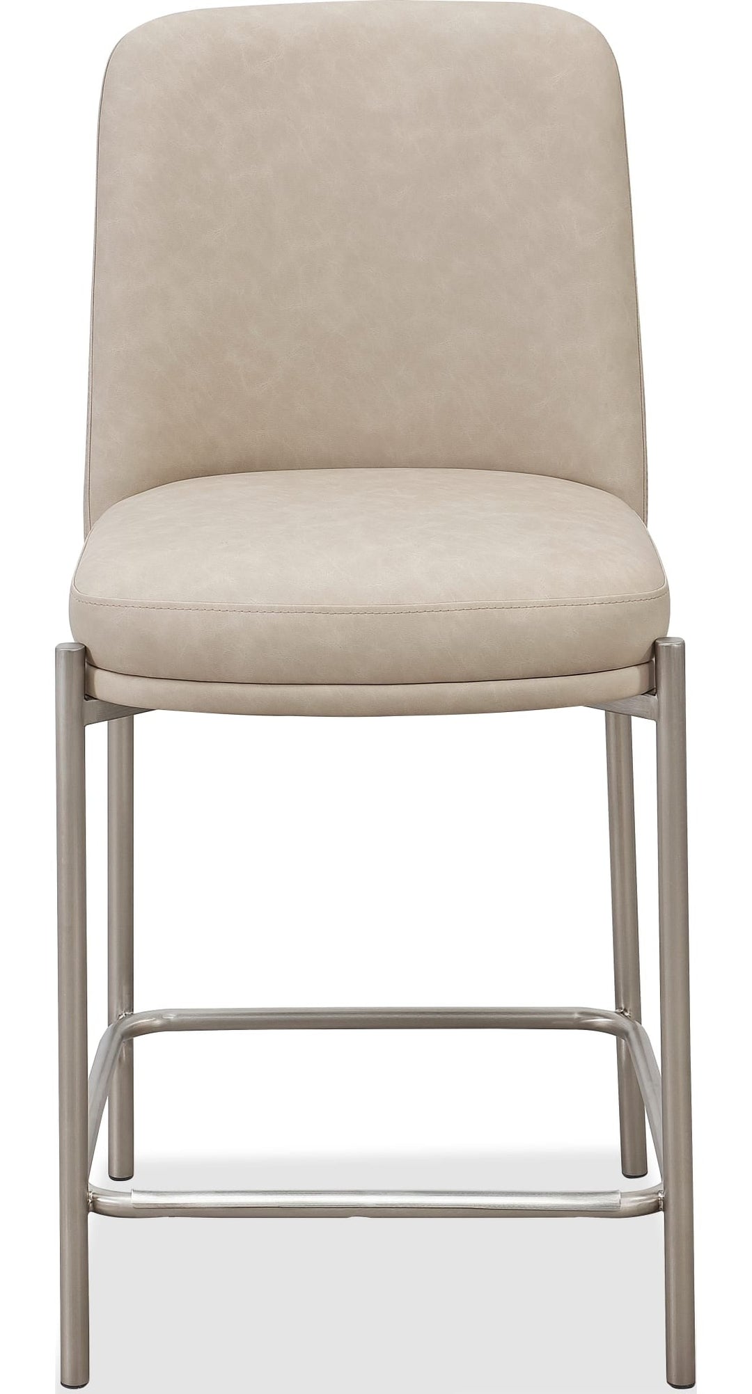 Dion Upholstered Counter Stool in Camel Synthetic Leather and Brushed Nickel Metal — product view on a white background