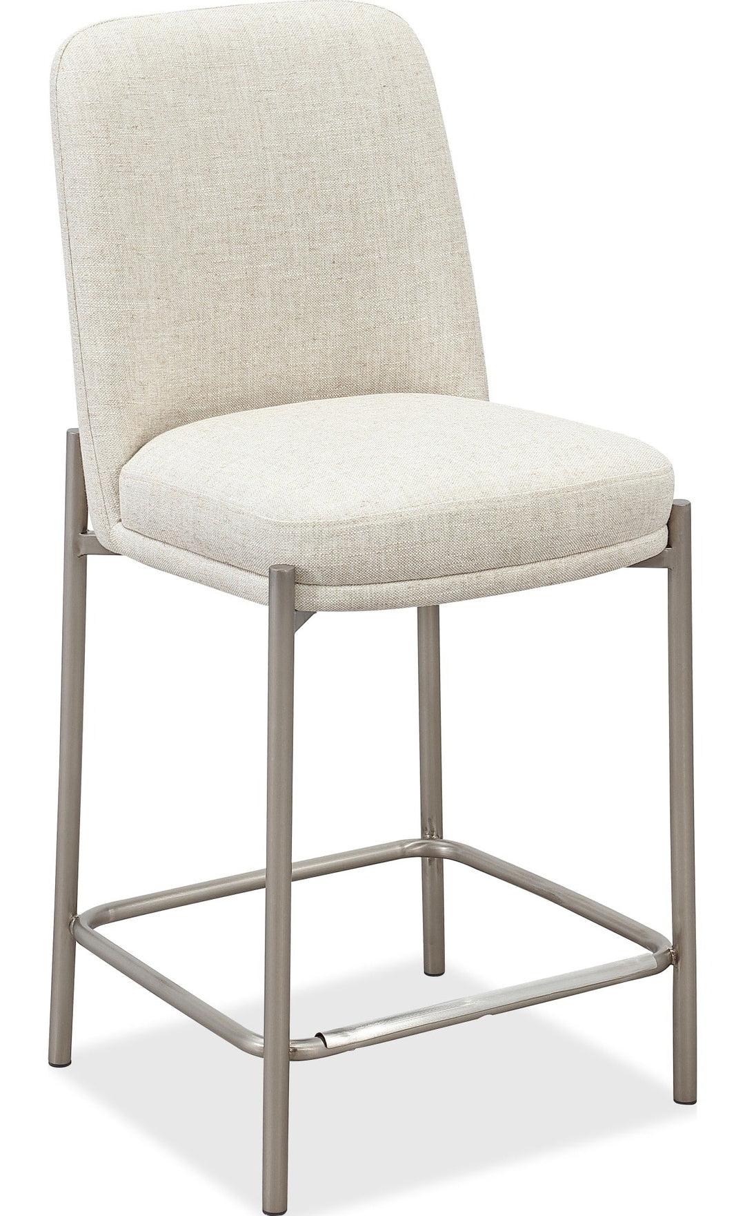 Dion Upholstered Counter Stool in Natural Light Linen and Brushed Nickel Metal — product view on a white background