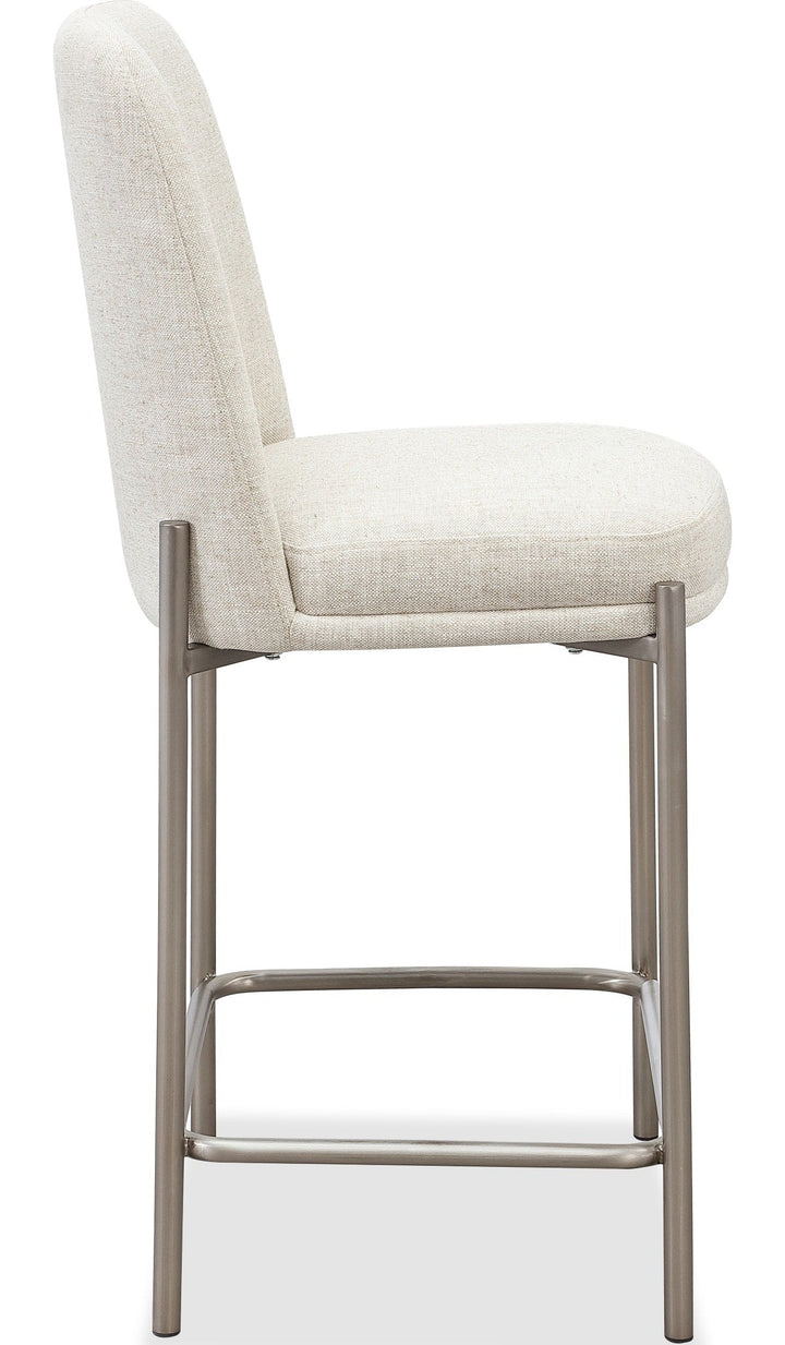 Dion Upholstered Counter Stool in Natural Light Linen and Brushed Nickel Metal — product view on a white background