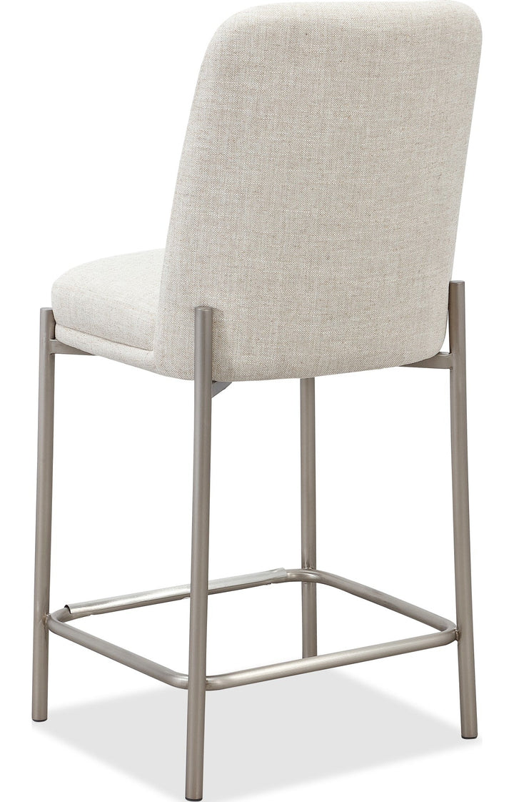 Dion Upholstered Counter Stool in Natural Light Linen and Brushed Nickel Metal — product view on a white background